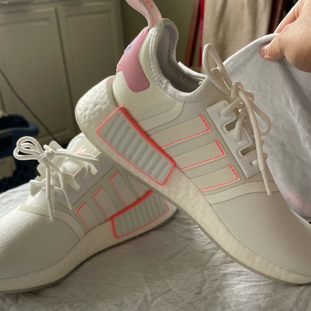 Adidas White Sneakers with Pink Highlights